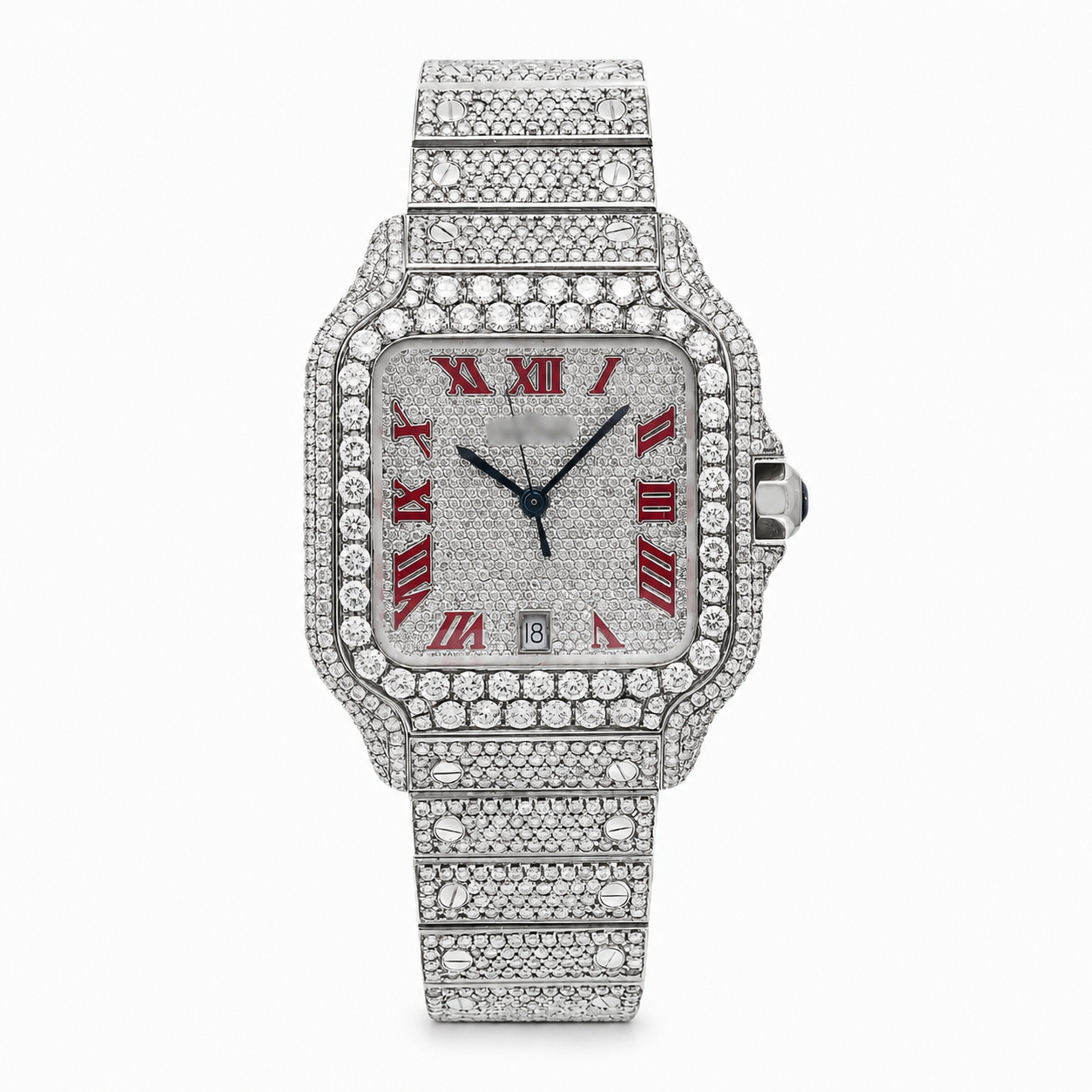 Luxury Iced-Out Square Red Dial Watch