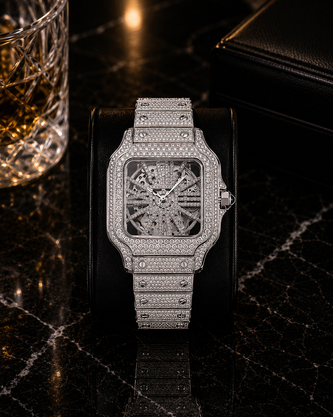 Luxury Iced-Out Square Skeleton Watch