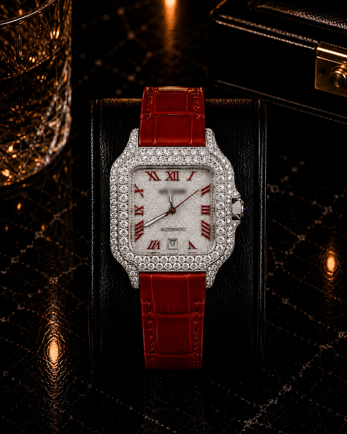 Luxury Iced-Out Red Leather Band Square Watch