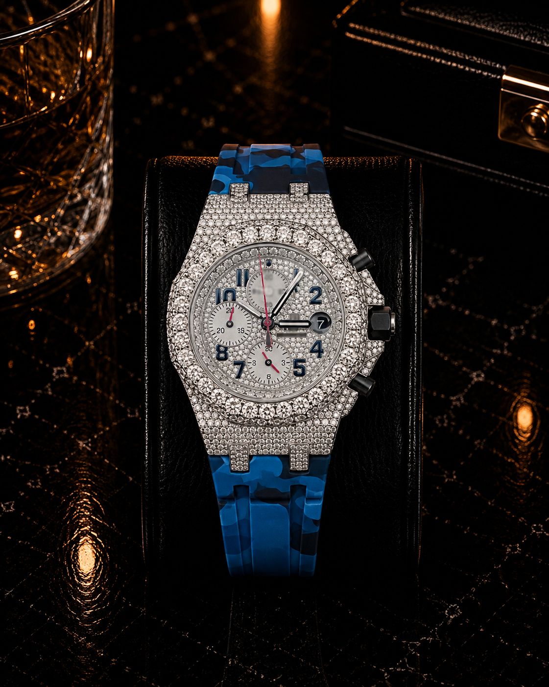 Luxury Iced-Out Blue Silicone Chronograph Watch