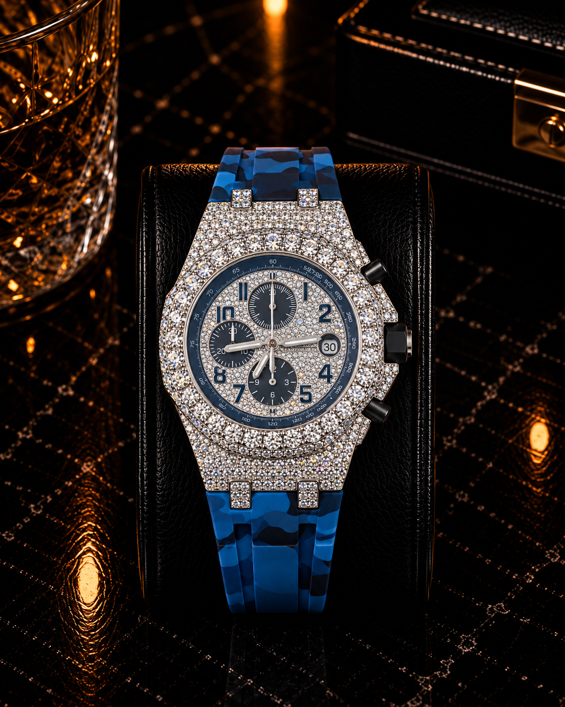 Luxury Iced-Out Blue Silicone Chronograph Watch