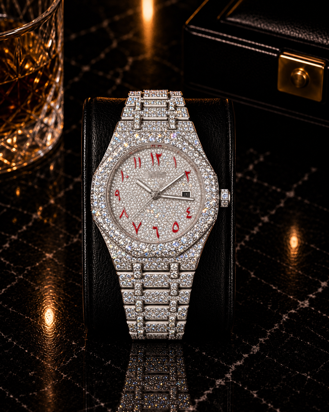 Luxury Iced-Out Red Arabic Dial Royal Watch