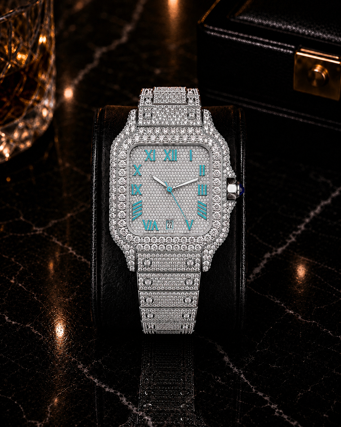 Luxury Iced-Out Square Watch - Tiffany Blue Dial