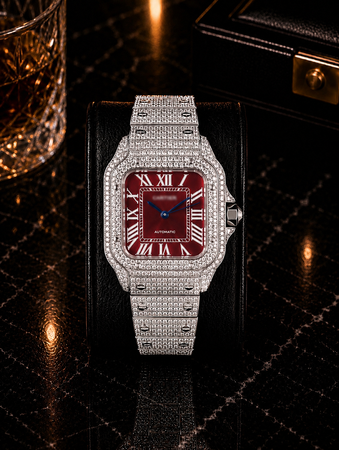 Luxury Iced-Out Red Face Square Watch