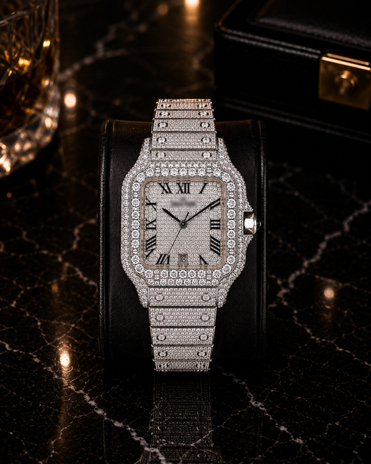 Luxury Iced-Out Square Silver Watch