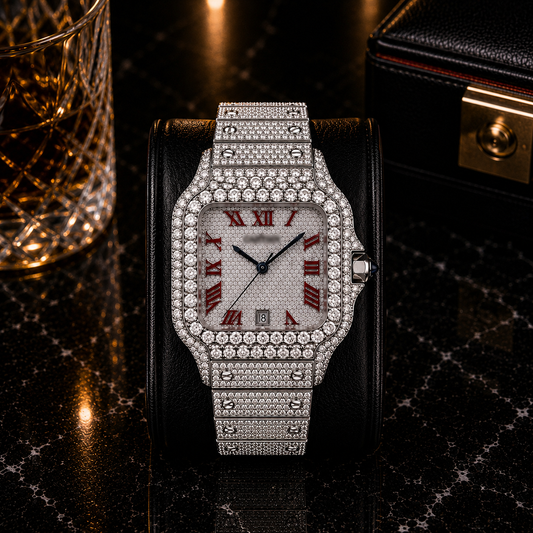 Luxury Iced-Out Square Red Dial Watch