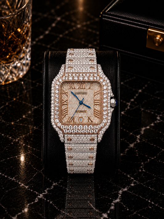 Luxury Iced-Out Square Watch – Rose Gold
