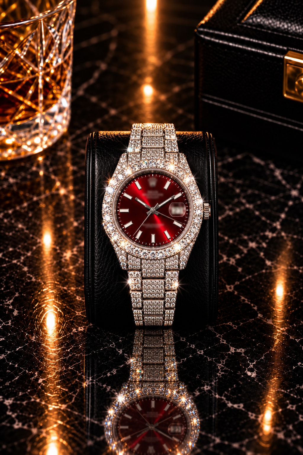 Luxury Iced-Out Red Dial Watch