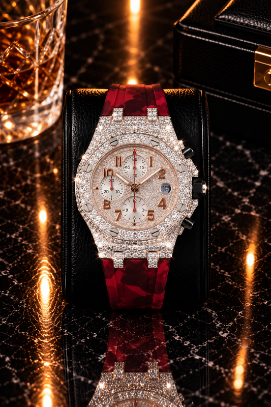 Luxury Iced-Out Red Chronograph Watch