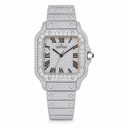 Luxury Iced-Out Square Silver Watch