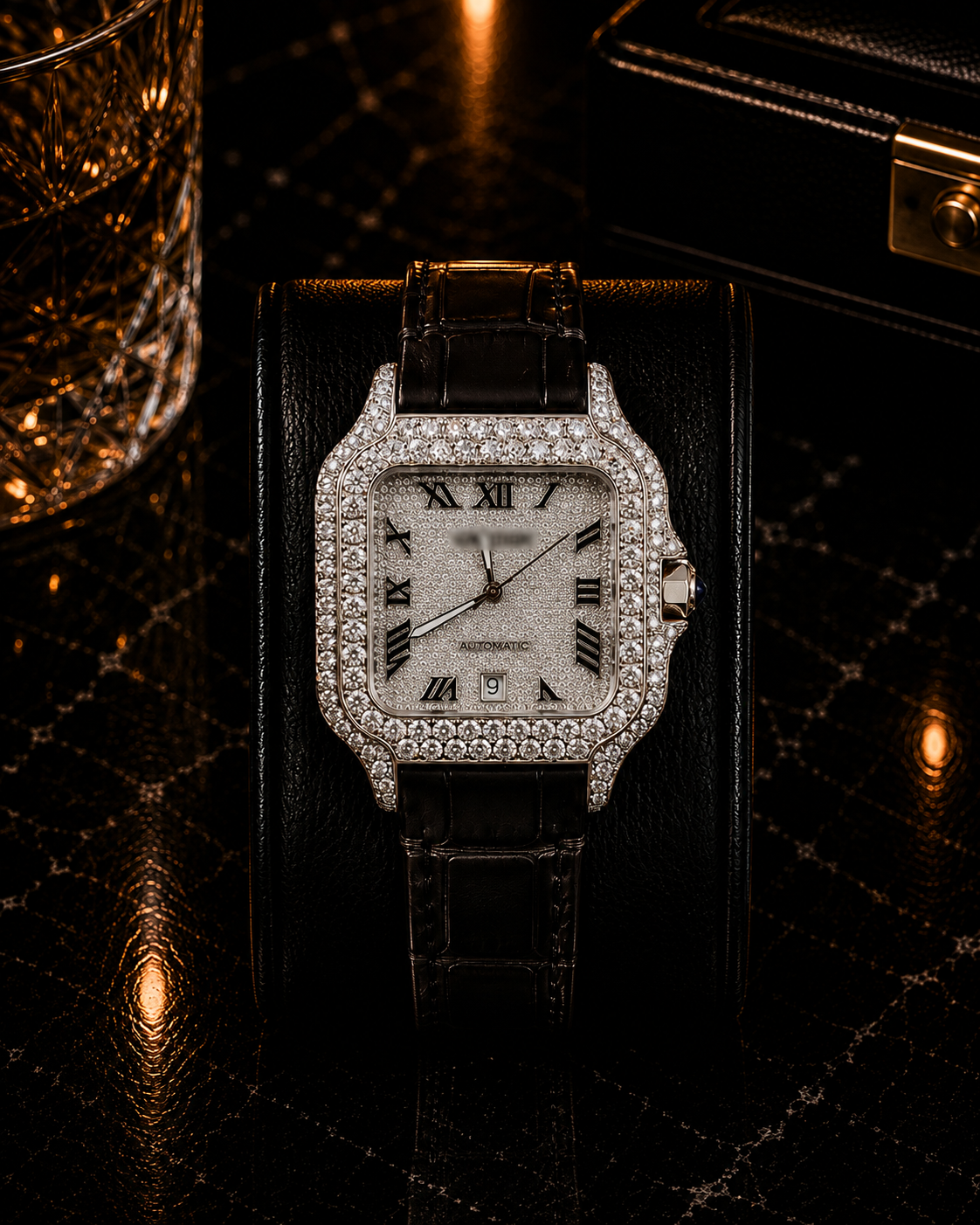 Luxury Iced-Out Leather Band Square Watch