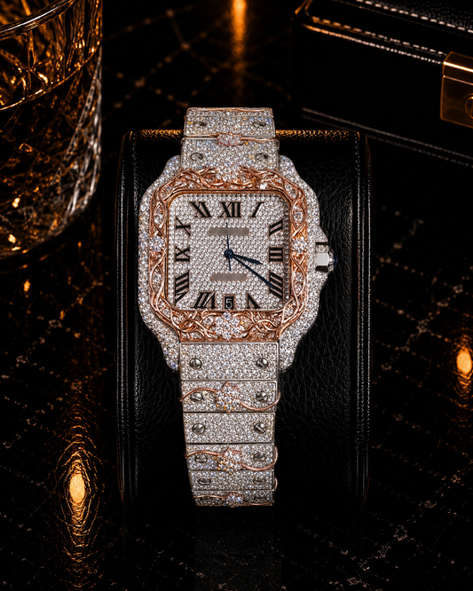 Luxury Iced-Out Custom Rose Gold Vine Square Watch