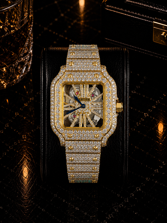 Luxury Iced-Out Gold Skeleton Square Watch