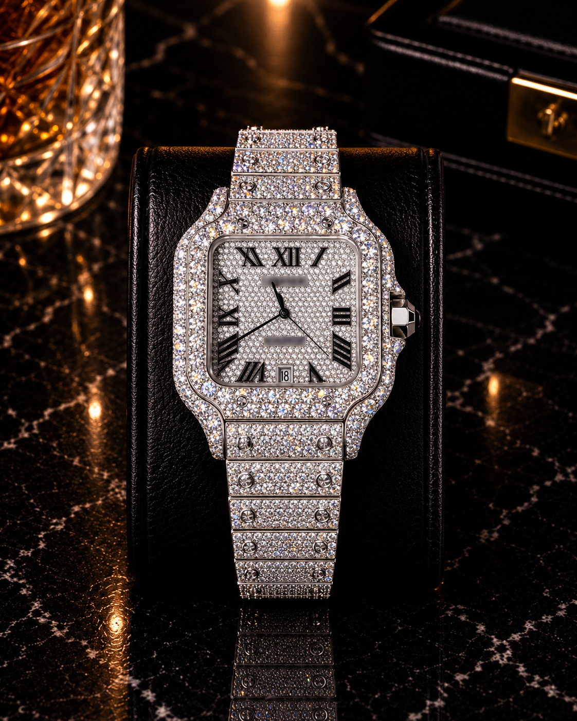 Luxury Iced-Out Square Silver Watch