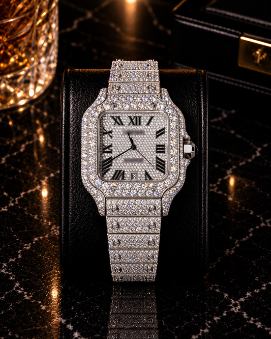 Luxury Iced-Out Square Silver Watch