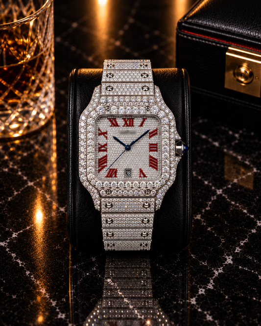 Luxury Iced-Out Square Red Dial Watch