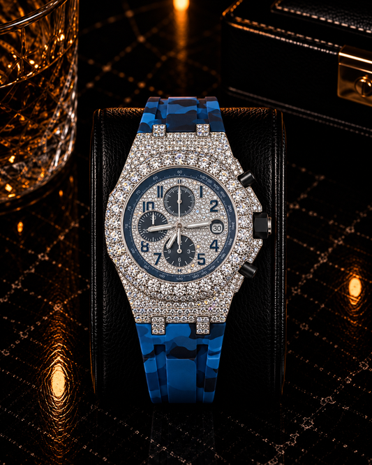 Luxury Iced-Out Blue Silicone Chronograph Watch