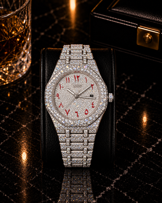 Luxury Iced-Out Red Arabic Dial Royal Watch